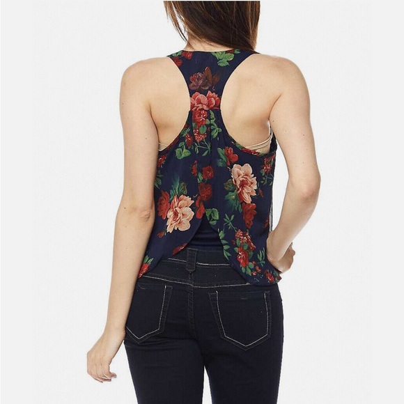 Ambiance Chiffon Floral Print Tulip Back navy blue size medium Tank Lining - Picture 4 of 14